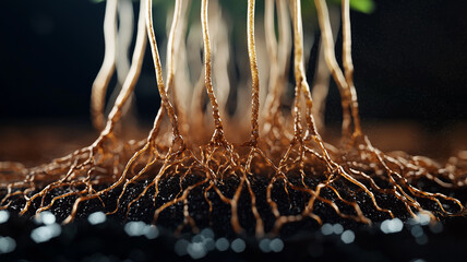 Close up of roots and nutrient solution in modern hydroponic system, showcasing intricate root structures and vibrant growth. image highlights efficiency and innovation in plant cultivation