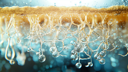 Close up of roots and nutrient solution in modern hydroponic system, showcasing intricate details and vibrant growth. image highlights complexity and beauty of hydroponic cultivation