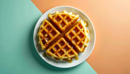 Deliciously golden waffles drizzled with syrup on a white plate.