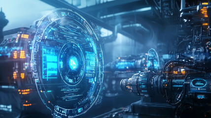 Futuristic industrial facility with advanced carbon structures and glowing blue interfaces, showcasing high tech machinery and digital displays in sleek, modern environment