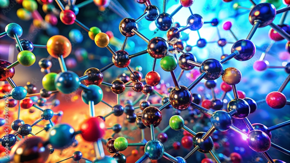 Poster aerial view of intricate molecular structures with chemical bonds in a high-tech laboratory setting,