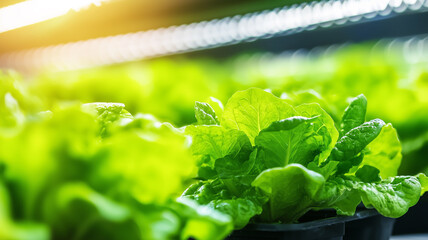 Lush green lettuce growing in high tech vertical farm with hydroponics, illuminated by bright LED lights, showcasing modern agricultural innovation