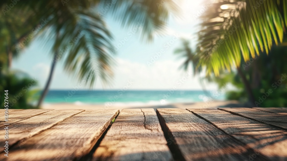Poster A wooden table with a view of the ocean and palm trees