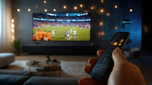 Person watch football, soccer game pov. Cozy living room with large TV displaying sports event. Man hand holds remote control. Baseball fan take bet. Home television entertainment. First point of view