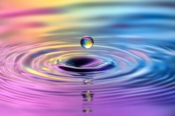 Vibrant water droplet impacting surface, creating colorful concentric ripples.