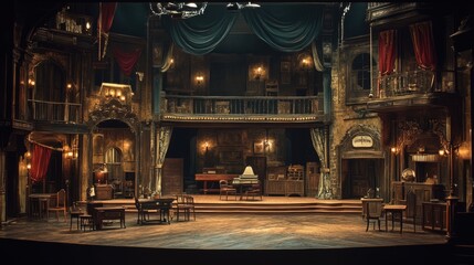 Theatrical stage decorations, interior, furniture for performance. Ancient rich Theatre drama hall awaits audience. Art of acting. Actor courses. Bright stage lights. Event room. Live entertainment.