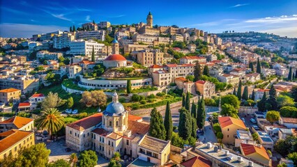 Fototapeta premium Aerial View of Nazareth, Israel: Captivating Landscape of the Ancient City with Stunning Architecture, Vibrant Streets, and Lush Surroundings under a Clear Blue Sky