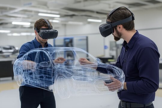 Designers using virtual reality headsets to interact with a 3D holographic car model. Concept of immersive technology in automotive prototyping and engineering