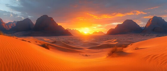 Naklejka premium A breathtaking sunset over vast desert dunes, showcasing vibrant orange hues against rugged mountain silhouettes, evoking a sense of serenity and awe.