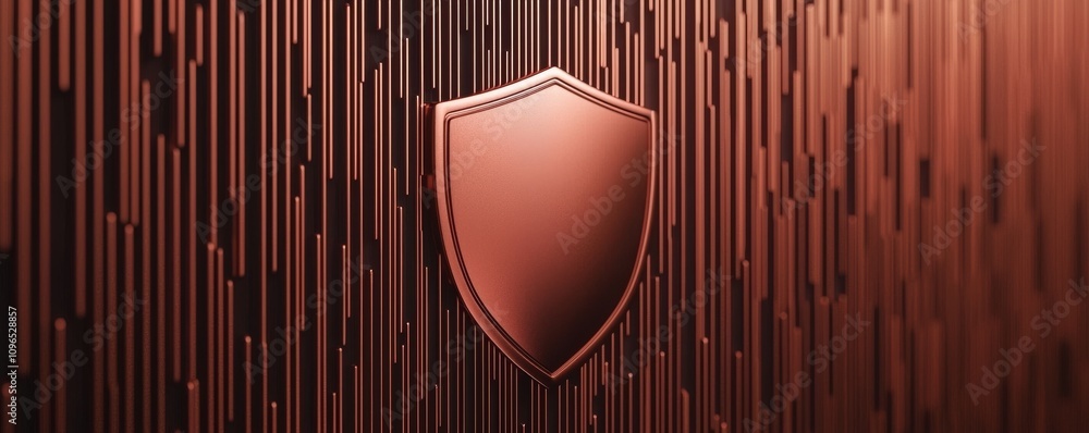 Poster anti tracking with shield concept. shield against a backdrop of vertical lines in warm tones.