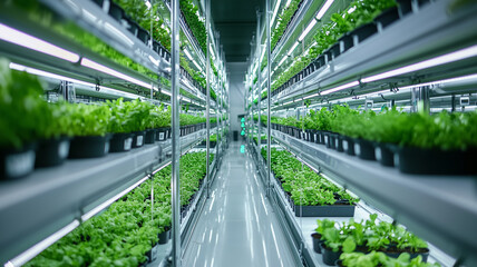 wide angle view of modern hydroponics farm with rows of lush green plants growing under bright LED lights, showcasing innovative agricultural technology
