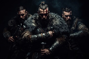 The Vikings, with their king, dressed in traditional warrior garments.