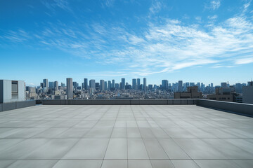 Obraz premium Empty Rooftop with City Skyline and Clear Blue Sky