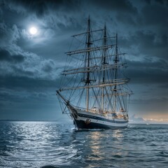 Sailing ship with tall masts sails on a tumultuous sea, the soft glow of the moon in the night sky with silvery reflection on the water at an impending storm.