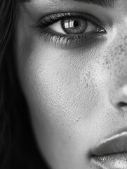 Naklejka premium Natural Beauty: Close-up of a Woman's Eye and Face - Close-up black and white portrait showcasing natural beauty, freckles, eye detail, skin texture, femininity.
