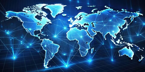 Digital World Map Hologram on Blue Background for Futuristic Technology Concepts