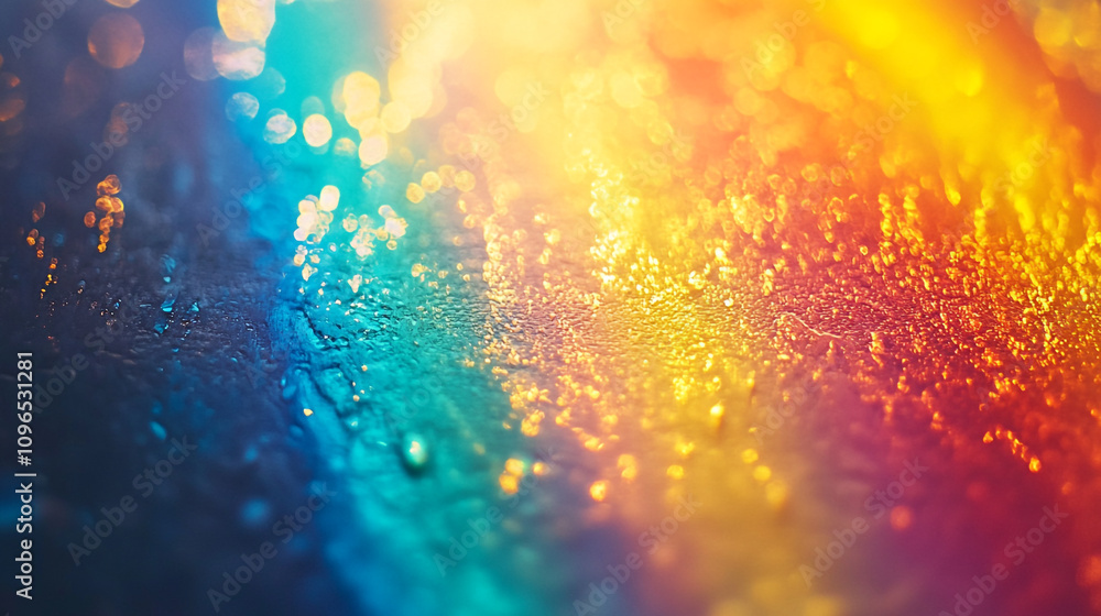 Poster vibrant reflections on a wet surface create a colorful abstract display at dusk