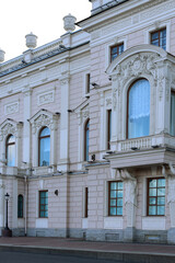 The front facade of a house in St. Petersburg overlooking the Neva River