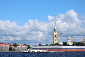 pleasure boat on the Neva with the Peter and Paul Fortress in the background (Saint Petersburg,...