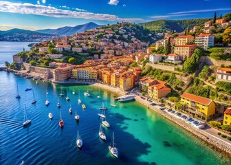 Obraz premium Aerial View of Villefranche sur Mer: Captivating Bay and Colorful Houses on the French Riviera, Showcasing Crystal Clear Waters and Scenic Coastal Landscape