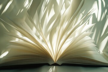 Open Book in Sunlight, Shadows and Pages - Open book, sunlit pages, leaf shadows, knowledge, reading, education.