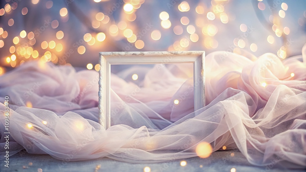 Poster animated frame mockup featuring floating tulle with bokeh effect for elegant presentation of creativ