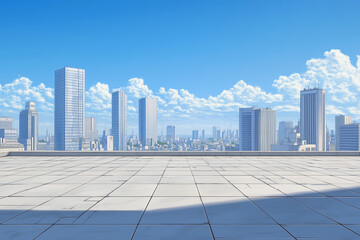 Fototapeta premium Empty Rooftop with City Skyline and Clear Blue Sky