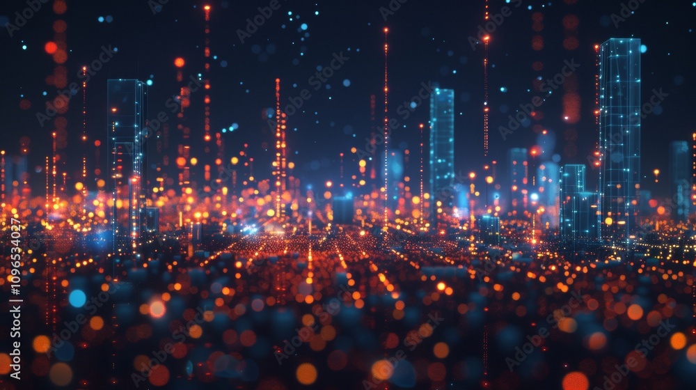 Aufkleber smart city with particle glowing light connection design, big data connection technology concept. 3d