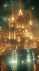 Fototapeta premium Golden City of Fantasy: A Luminous Architectural Marvel