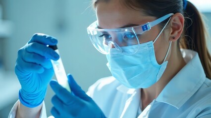 Female caucasian young scientist analyzing sample in laboratory with protective gear