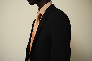 stylish man wearing a black suit and peach tie standing against a neutral background with a minimalist and elegant fashion aesthetic  

