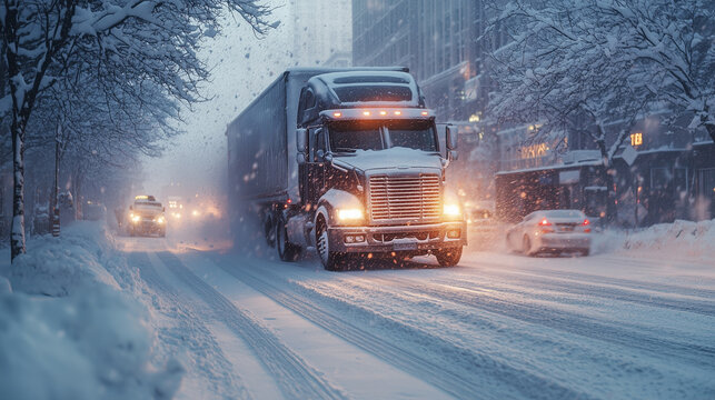 A heavy-duty truck drives on a snowy city street in winter during a snowfall
 - Powered by Adobe