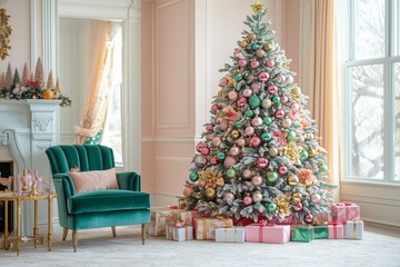 Christmas tree decorated with pink, green, and gold ornaments stands in the corner of an elegant living room with A teal velvet chair is placed nearby