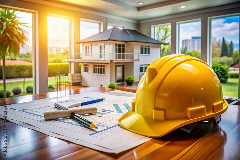 Poster Architectural Planning: House Drawing Blueprints with Safety Helmet in a Clean Workspace - A Panoramic View of Design and Construction Process