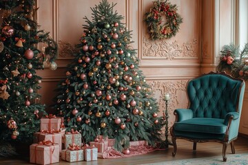 Christmas tree decorated with pink, green, and gold ornaments stands in the corner of an elegant living room with A teal velvet chair is placed nearby