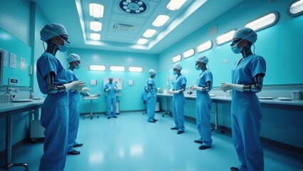 Medical team in blue scrubs in a hospital operating room, discussing surgery, sterile environment, healthcare professionals. Generative, AI.