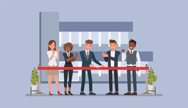 Businessman cutting a ribbon in front of a small office or storefront and celebrating the launch of their startup character vector illustration design. Business startup launch concept.