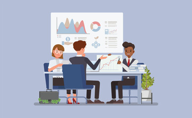 Male financial advisor and a client reviewing financial statements and investment options character vector illustration design.