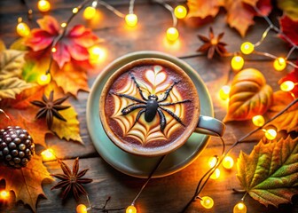 Artistic Latte with Toy Spider and Festive Decorations Captured from Above in a Cozy Caf&eacute; Setting with Warm Lighting and Seasonal Accents