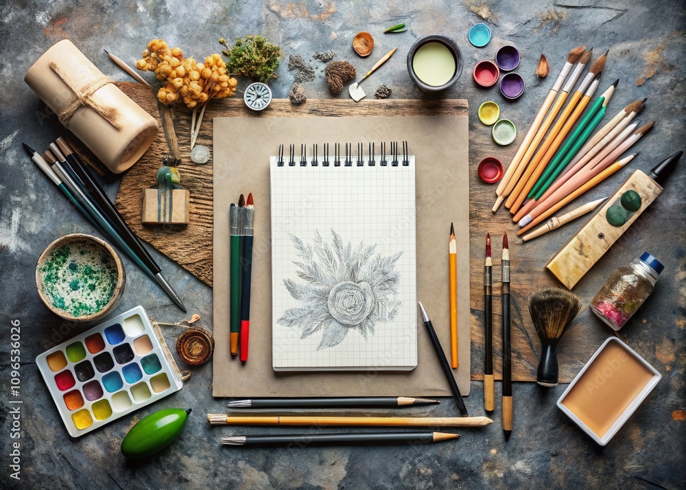 Poster Artistic Representation of a Notepad with Creative Elements and Unique Design Features for Conceptual Photography