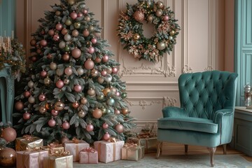 Christmas tree decorated with pink, green, and gold ornaments stands in the corner of an elegant living room with A teal velvet chair is placed nearby