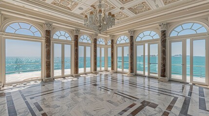 Obraz premium Dubai Luxury Seaside Villa - roomy Escape with Lavish Decor, Floor-to-Ceiling Panoramic Views of the Arabian Gulf, and Exquisite Features like Crystal Chandeliers and Marble Floors