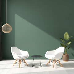 Two white chairs with wooden legs and a black round table in a green room.