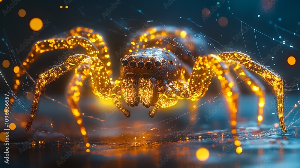Wall mural golden spider illuminated on a dark background while building an intricate web