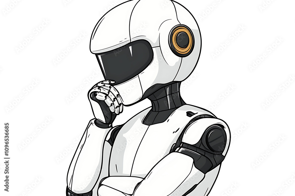 Poster a thoughtful robot character with a sleek design, pondering or contemplating something.