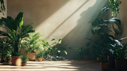 Obraz premium A serene indoor setting showcasing lush green plants and natural light. AI generated image