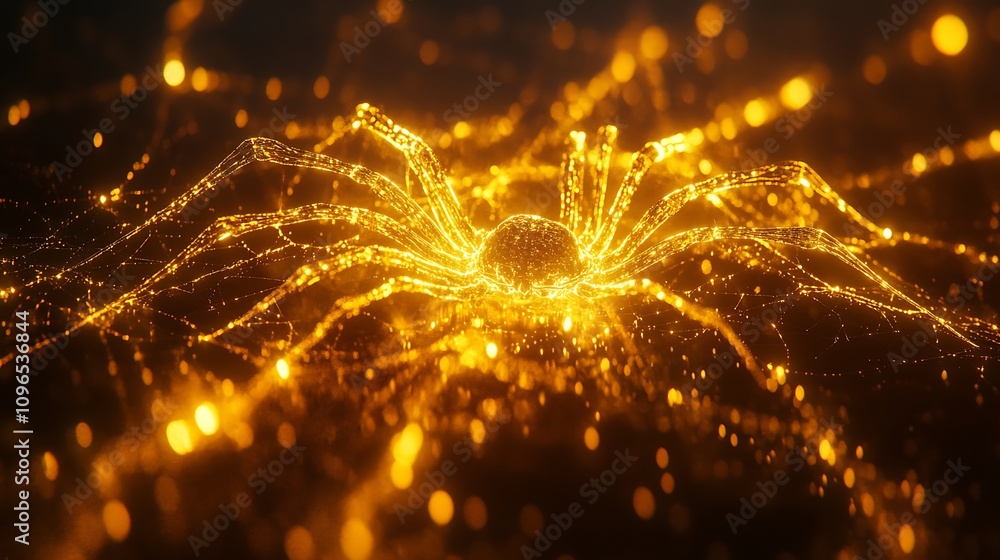 Wall mural golden spider illuminated on a dark background while building an intricate web
