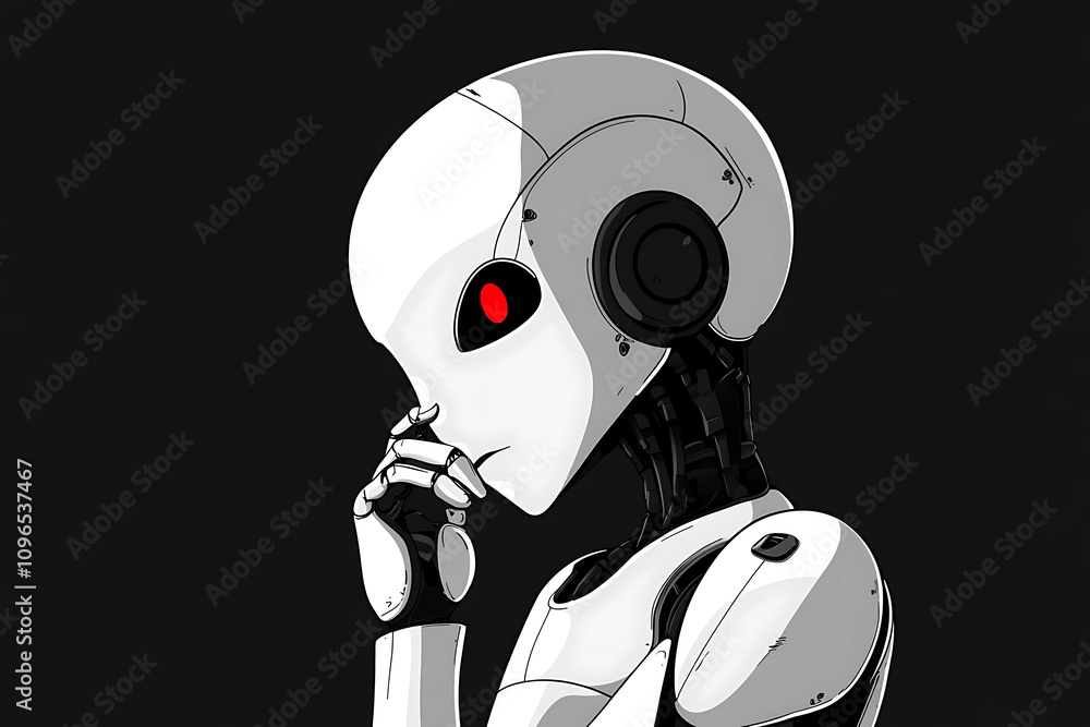 Poster a futuristic robot with a sleek design, deep in thought, showcasing a blend of technology and emotio