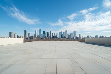 Obraz premium Empty Rooftop with City Skyline and Clear Blue Sky