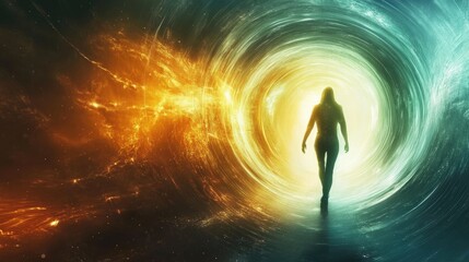 Naklejka premium A silhouette walks toward a glowing vortex, symbolizing exploration and transcendence.